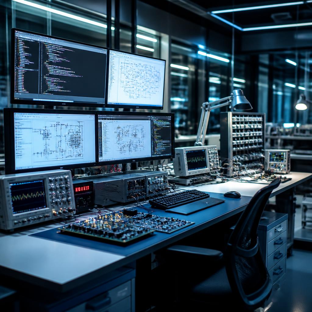 A professional modern computer engineering laboratory with high-end workstations, multiple monitors displaying code and circuit schematics, oscilloscopes and electronic testing equipment on clean desks, dramatic cinematic lighting, ultra-realistic photography, no people visible